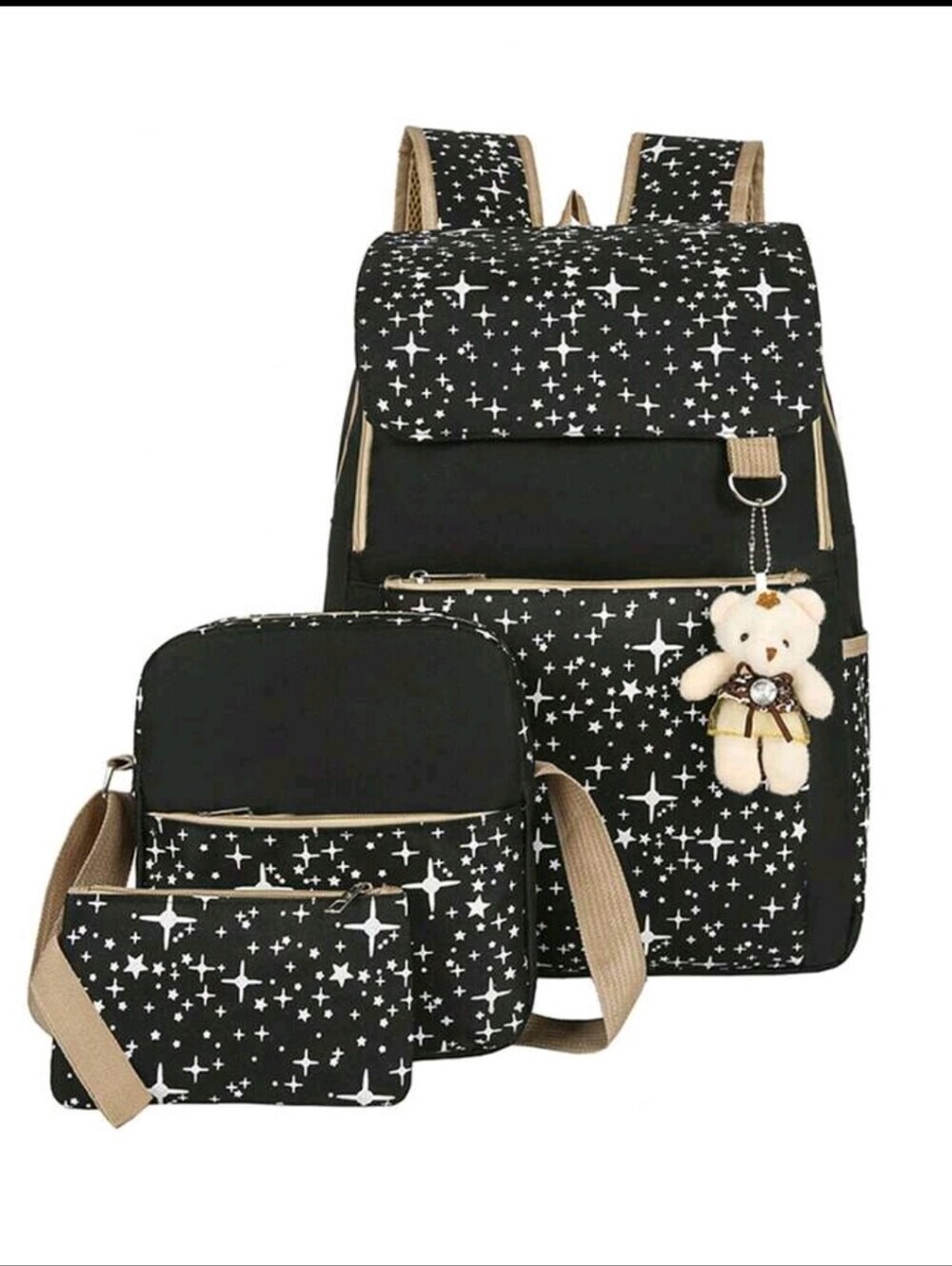 Black Star Print Backpack Set with Teddy Charm